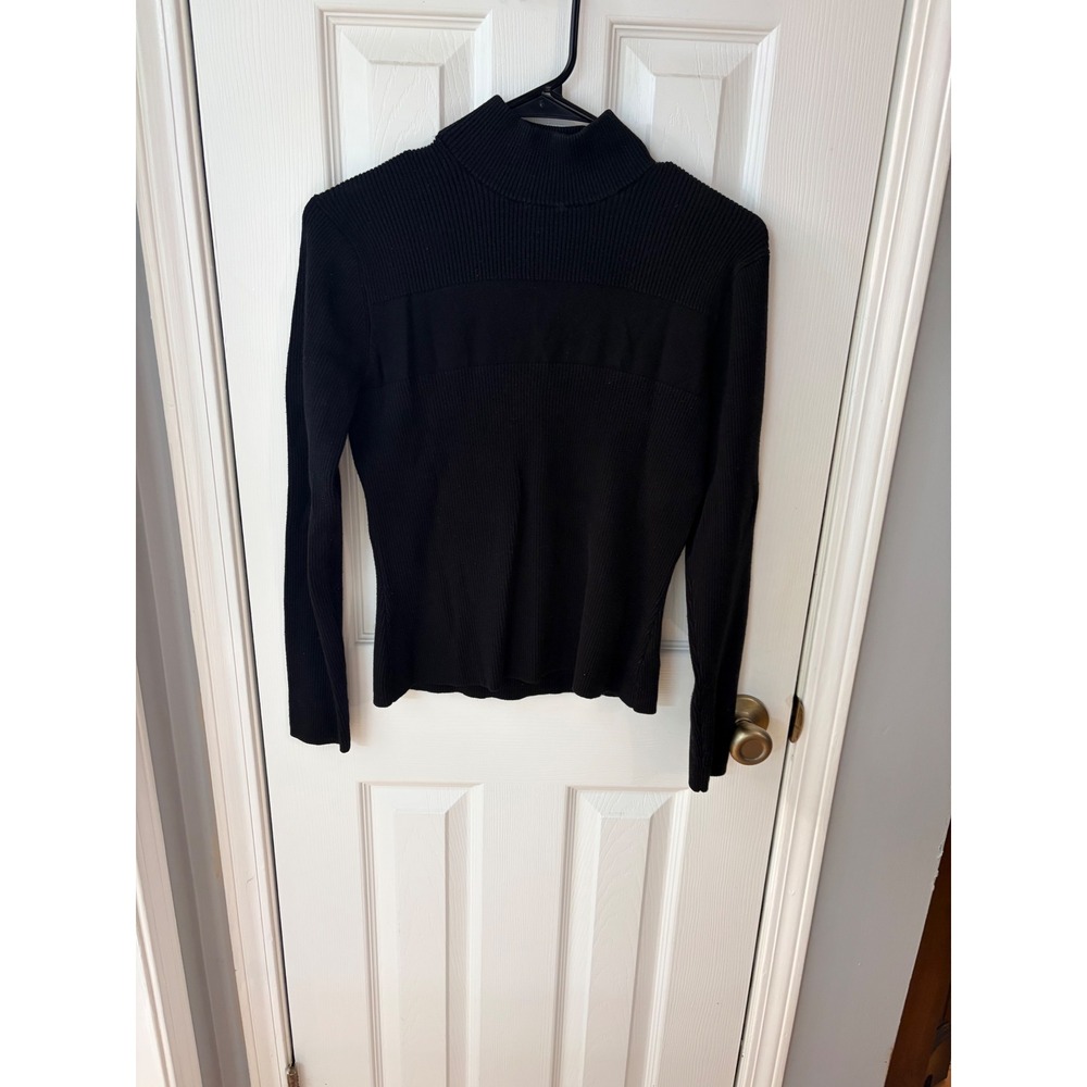 Katherine Barclay Mock Neck Sweater Women Large Black Ribbed Knit Long Sleeve